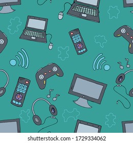 vector seamless pattern in doodle style, computer toys, joystick, laptop, wi-fi on a blue background