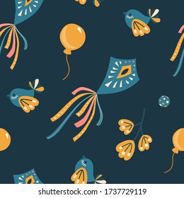 Vector seamless pattern in doodle style. Bright illustration with birds, kite and balloons. Background for wallpaper, greeting cards, invitations, prints and other designs.