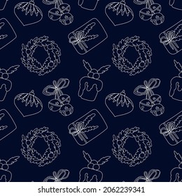 Vector seamless pattern in doodle style for Christmas and New Years ornaments and textiles. Hand-drawn background with wreath, bells, gift and Christmas pudding.