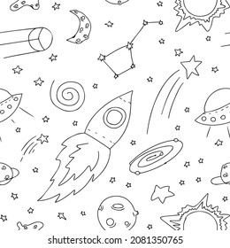 Vector seamless pattern in doodle style. Space related elements