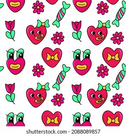 Vector seamless pattern in doodle style. Funny cute comic hearts. Sweets and flowers. 
