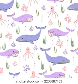 Vector seamless pattern in doodle style with marine animals and algae. Big whales, corals, octopus in cartoon style.