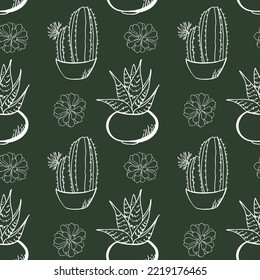 Vector seamless pattern with doodle style succulents. Botanical  sketches cactus in minimalistic background. Simple texture for your decor. Template for design textile, fabric, cover, card, wallpaper.