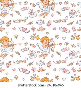 Vector seamless pattern in doodle style with cupids, hearts and other elements.