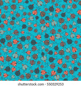 Vector seamless pattern in doodle style. Handdrawn funny bugs.
