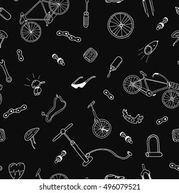 Vector seamless pattern in doodle style.Bicycle accessories. You can use each element separately.