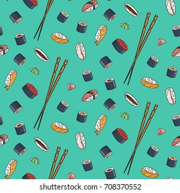 Vector seamless pattern with doodle sushi.