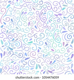 Vector seamless pattern with doodle swirls in blue, violet, purple, pink. Colorful abstract background with hand drawn abstract ornament on white. Print, wrapping paper, fabric design.