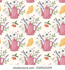 Vector seamless pattern of a doodle teapot with herbal tea, berries and croissant 