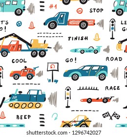 Vector Seamless Pattern with Doodle Toy Racing Cars, Heavy Construction Trucks and Traffic Signs. Cartoon Transportation Background for Kids. 