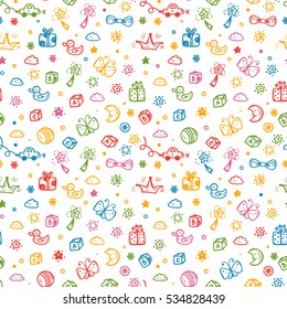 Vector Seamless pattern with doodle Toys. Kids background. Childhood Endless wallpaper.