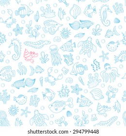 vector seamless pattern with doodle underwater animals and plants on white background. hand drawn illustration for background, fabric, print.