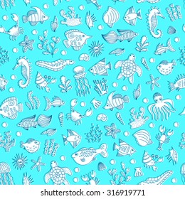 vector seamless pattern with doodle underwater animals and plants on blue background. hand drawn illustration for background, fabric, print.