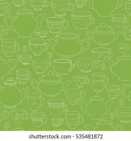 Vector seamless pattern of the doodle various teapot and teacups. Cup and pot on green background.