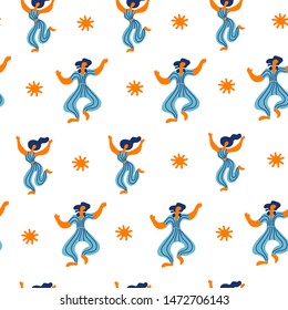 Vector seamless pattern with doodledancing woman and men. Bright color trendy design for print, textile, postcard, advertising, music festivals