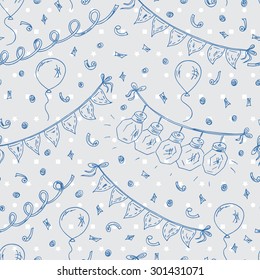 Vector seamless pattern of Doodles Celebratory attributes: balloons, garlands with flashlights and buntings flags, serpentine and confetti. Festive background. Holiday Wallpaper.