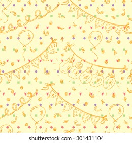 Vector seamless pattern of Doodles Celebratory attributes: balloons, garlands with flashlights and buntings flags, serpentine and confetti. Festive background. Holiday Wallpaper.