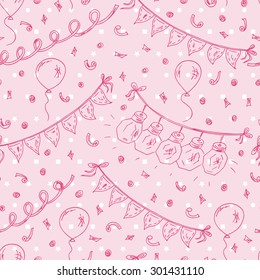 Vector seamless pattern of Doodles Celebratory attributes: balloons, garlands with flashlights and buntings flags, serpentine and confetti. Festive background. Holiday Wallpaper.