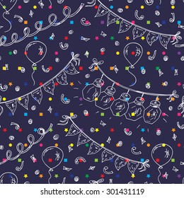Vector seamless pattern of Doodles Celebratory attributes: balloons, garlands with flashlights and buntings flags, serpentine and confetti. Festive background. Holiday Wallpaper.