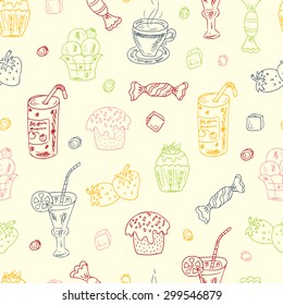 Vector Seamless Pattern of Doodles Colorful Desserts: Cakes, beverages and candy
