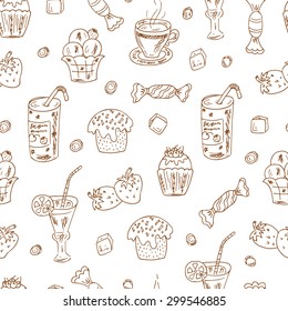 Vector Seamless Pattern of Doodles Desserts: Cakes, beverages and candy
