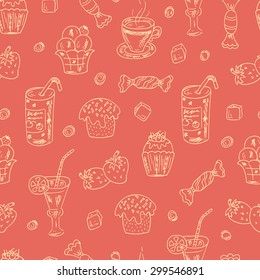 Vector Seamless Pattern of Doodles Desserts: Cakes, beverages and candy
