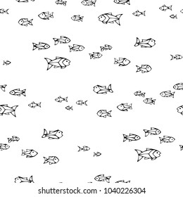 Vector seamless pattern of doodles fish. Shoal of hand-drawn sardines on white background. Boundless background can be used for web page backgrounds, wallpapers, wrapping papers and invitations.