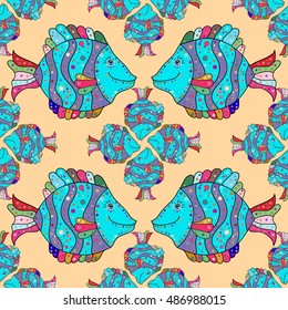 vector seamless pattern with doodles fishes on light background