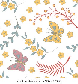 Vector seamless pattern with doodles of flowers and butterflies. Floral background with hand drawn elements. Ornamental decorative illustration for print and web.