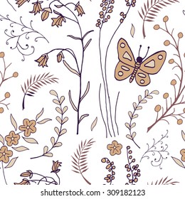 Vector seamless pattern with doodles of flowers and butterflies. Floral background with hand drawn elements. Ornamental decorative illustration for print and web.