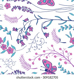 Vector seamless pattern with doodles of flowers and butterflies. Floral background with hand drawn elements. Ornamental decorative illustration for print and web.