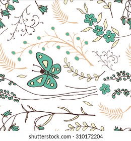 Vector seamless pattern with doodles of flowers and butterflies. Floral background with hand drawn elements. Ornamental decorative illustration for print and web.