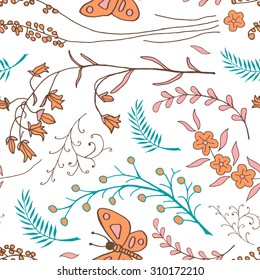 Vector seamless pattern with doodles of flowers and butterflies. Floral background with hand drawn elements. Ornamental decorative illustration for print and web.