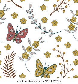 Vector seamless pattern with doodles of flowers and butterflies. Floral background with hand drawn elements. Ornamental decorative illustration for print and web.