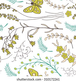 Vector seamless pattern with doodles of flowers and butterflies. Floral background with hand drawn elements. Ornamental decorative illustration for print and web.