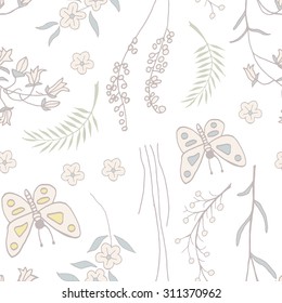 Vector seamless pattern with doodles of flowers and butterflies. Floral background with hand drawn elements. Ornamental decorative illustration for print and web.