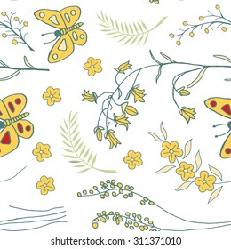 Vector seamless pattern with doodles of flowers and butterflies. Floral background with hand drawn elements. Ornamental decorative illustration for print and web.
