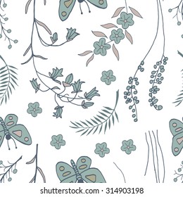 Vector seamless pattern with doodles of flowers and butterflies. Floral background with hand drawn elements. Ornamental decorative illustration for print and web.