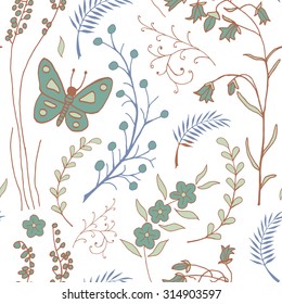 Vector seamless pattern with doodles of flowers and butterflies. Floral background with hand drawn elements. Ornamental decorative illustration for print and web.