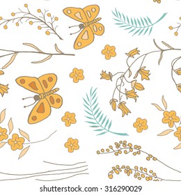 Vector seamless pattern with doodles of flowers and butterflies. Floral background with hand drawn elements. Ornamental decorative illustration for print and web.