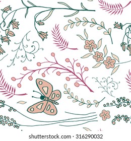 Vector seamless pattern with doodles of flowers and butterflies. Floral background with hand drawn elements. Ornamental decorative illustration for print and web.