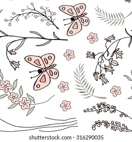 Vector seamless pattern with doodles of flowers and butterflies. Floral background with hand drawn elements. Ornamental decorative illustration for print and web.