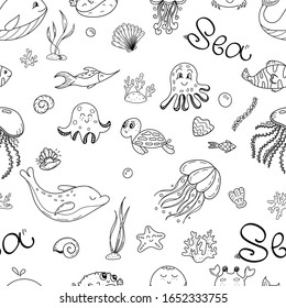 vector seamless pattern, doodles with marine inhabitants, coloring book
