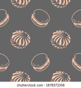 a vector seamless pattern with doodles of marskmallow and macarons