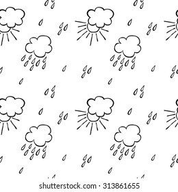 Vector seamless pattern. Doodles: rain, clouds, drops.