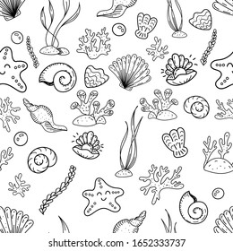 vector seamless pattern, doodles with seashells and seaweed, coloring book