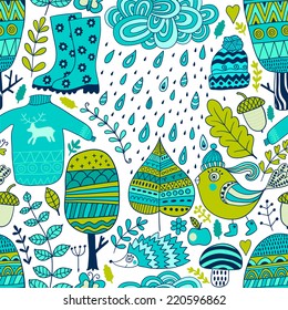 Vector seamless pattern, doodling autumn design. Hand draw trees and leafs over the city. Season of the rain, illustration, cute background. Color doodle background