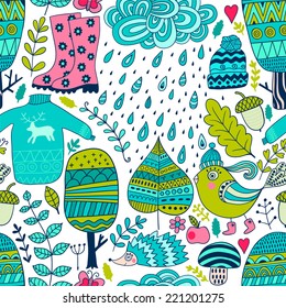 Vector seamless pattern, doodling autumn design. Hand draw trees and leafs over the city. Season of the rain, illustration, cute background. Color doodle background