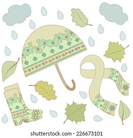 Vector seamless pattern, doodling autumn design. Hand draw  Season of the rain, illustration, cute background. Color doodle background