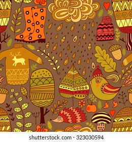 Vector seamless pattern, doodling autumn design. Hand draw trees and leafs over the city. Season of the rain, illustration, cute background. Color doodle background